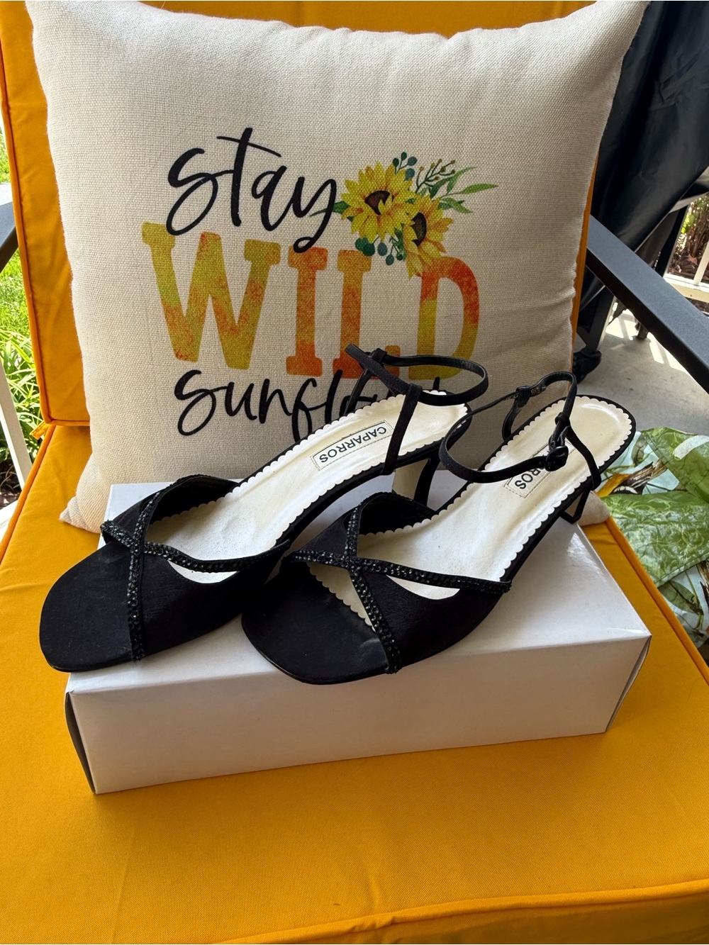 Caparros Black Strappy Mid-Heel Sandals with Subtle Sparkle